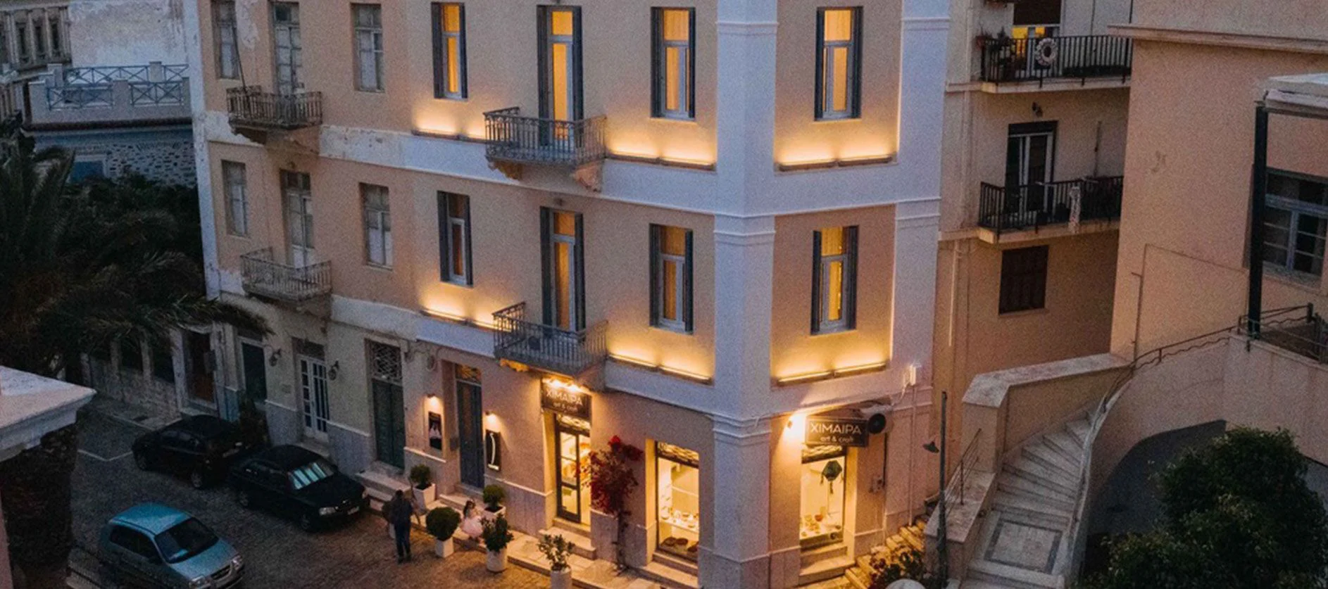 The 1864 neoclassical building of 5 Hermoupolis at night