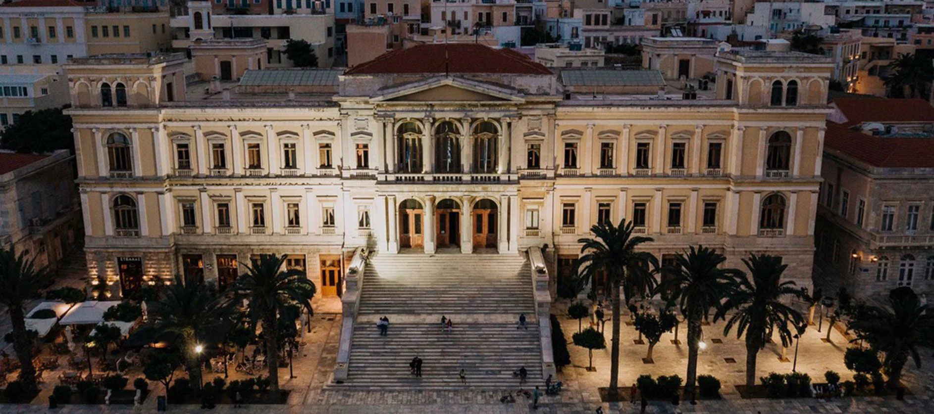 Hermoupolis City Hall and Miaouli Square at night
