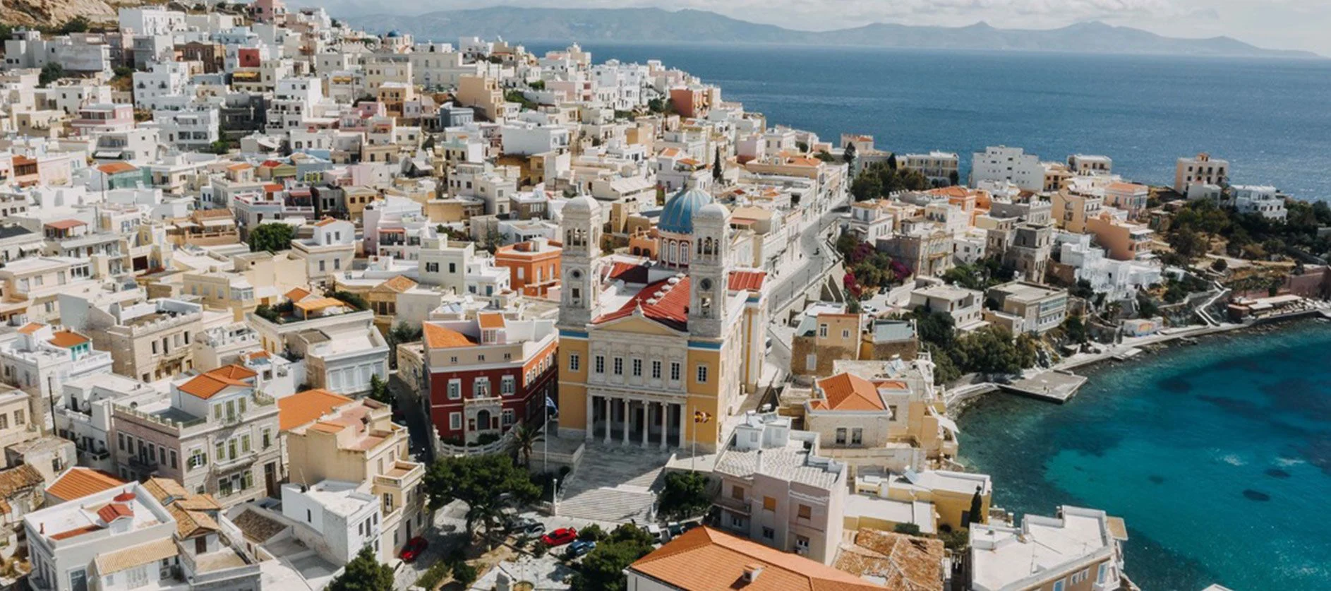 Aerial view of Saint Nicholas church and the Vaporia quarter of Hermoupolis